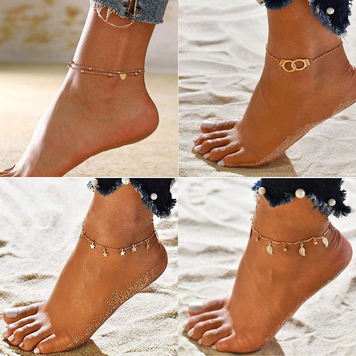 Honsny 18PCS Ankle Bracelets for Women Gold Silver Layered Chain Anklet Set Adjustable Size Beach Anklet Bracelet Jewelry for Women Teen Girls Apparel & Accessories > Jewelry > Anklets Honsny