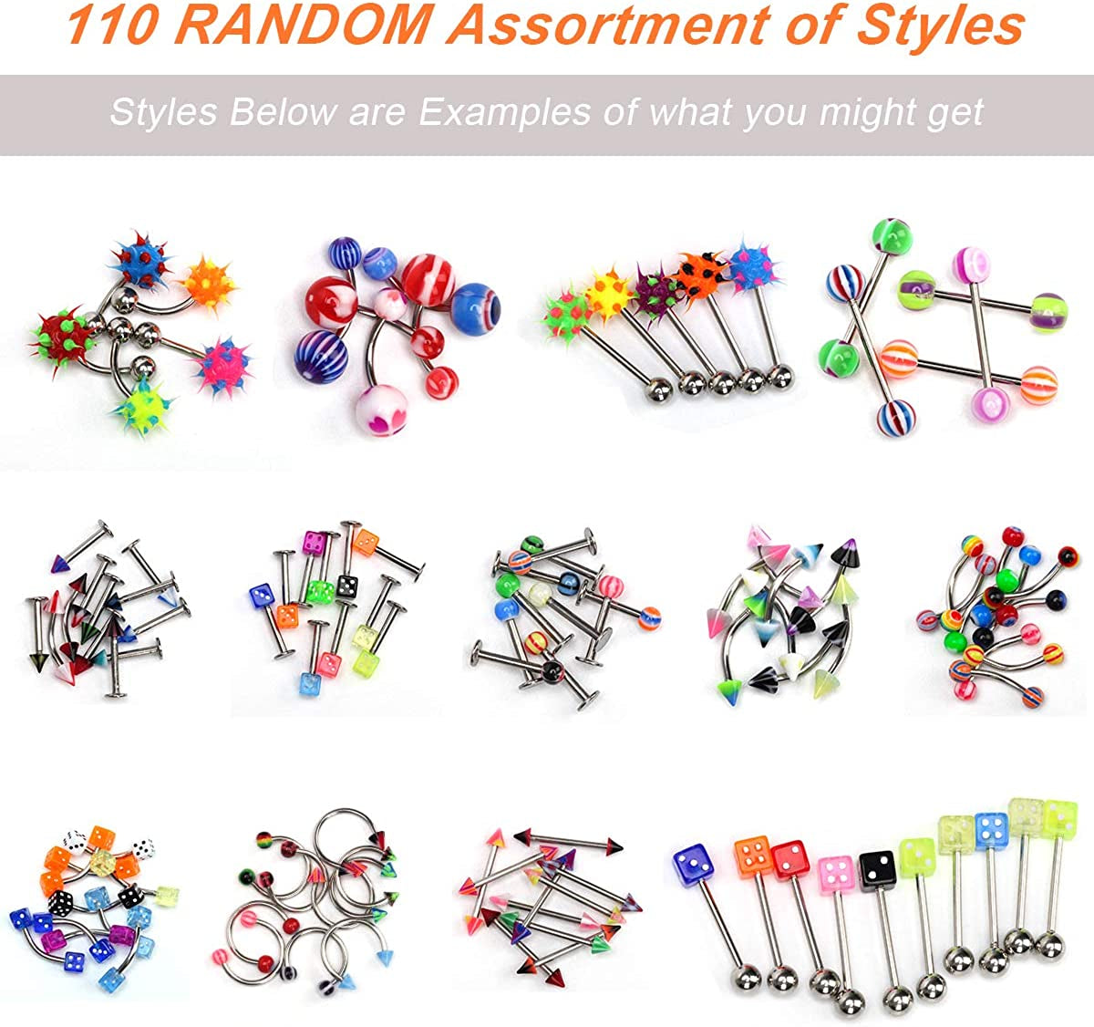 Crazypiercing Lot of 110PCS Body Jewelry Piercing Eyebrow Navel Belly Tongue Lip Bar Ring Apparel & Accessories > Jewelry > Body Jewelry CrazyPiercing