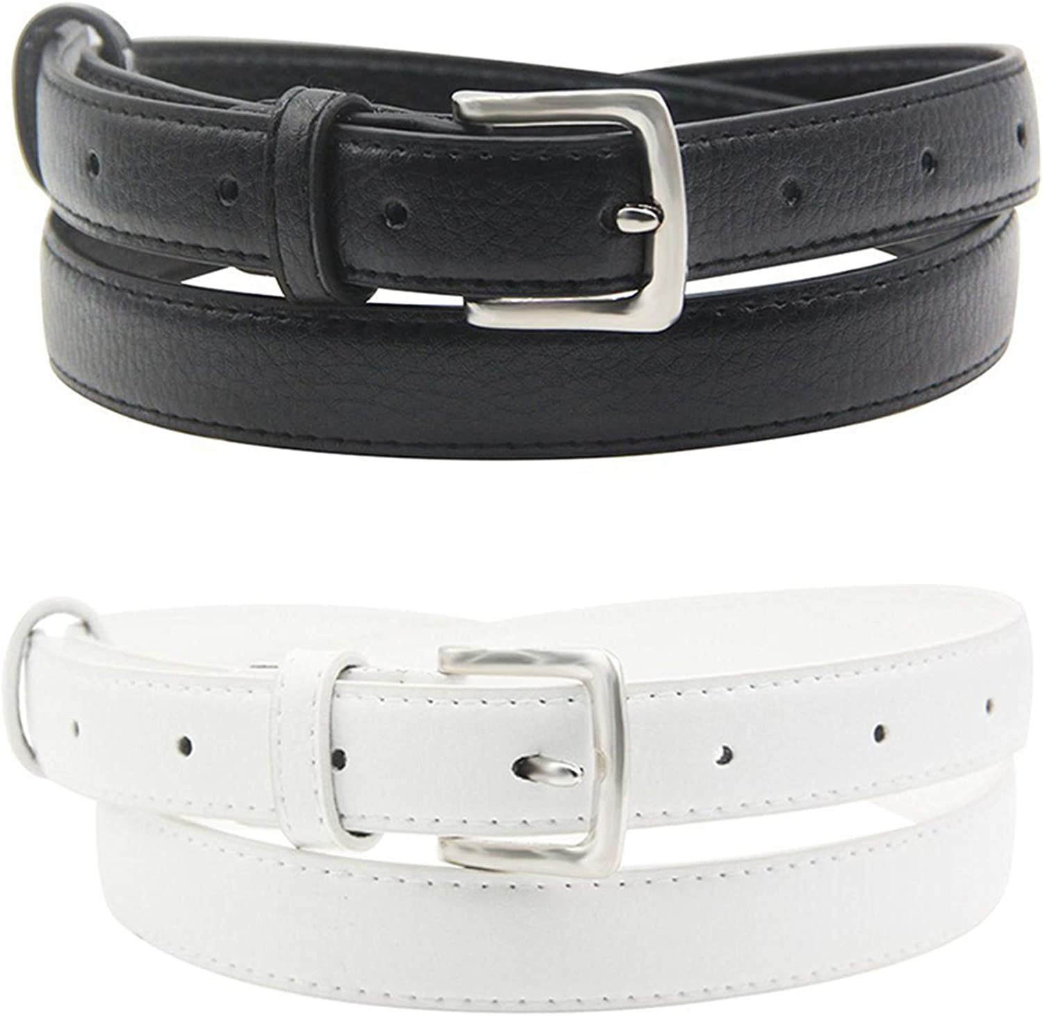 Maikun Womens Belt Skinny Leather Solid Color Pin Buckle Simple Waist for Girls Ladies Apparel & Accessories > Clothing Accessories > Belts maikun 2 Pack. Black+white 46.5" long, for waist size 39-42"