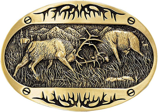Montana Silversmiths Heritage Wildlife Outdoor Series Attitude Buckle Apparel & Accessories > Clothing Accessories > Belt Buckles Montana Silversmiths Fighting Elk - Polished Brass