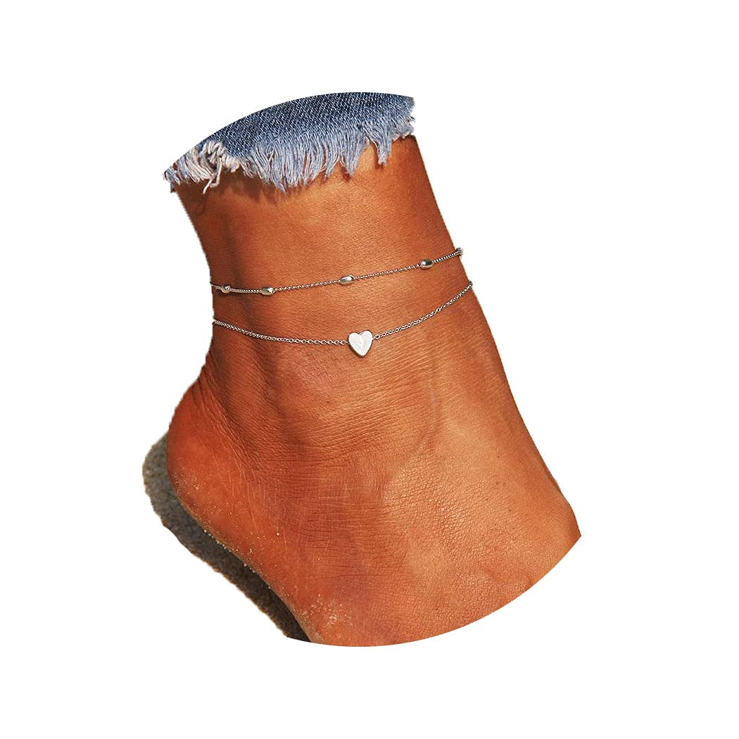 Artmiss Layered Anklets Women Heart Silver Ankle Bracelet Charm Beaded Dainty Foot Jewelry for Women and Teen Girls Summer Barefoot Beach Anklet Apparel & Accessories > Jewelry > Anklets Artmiss Silver