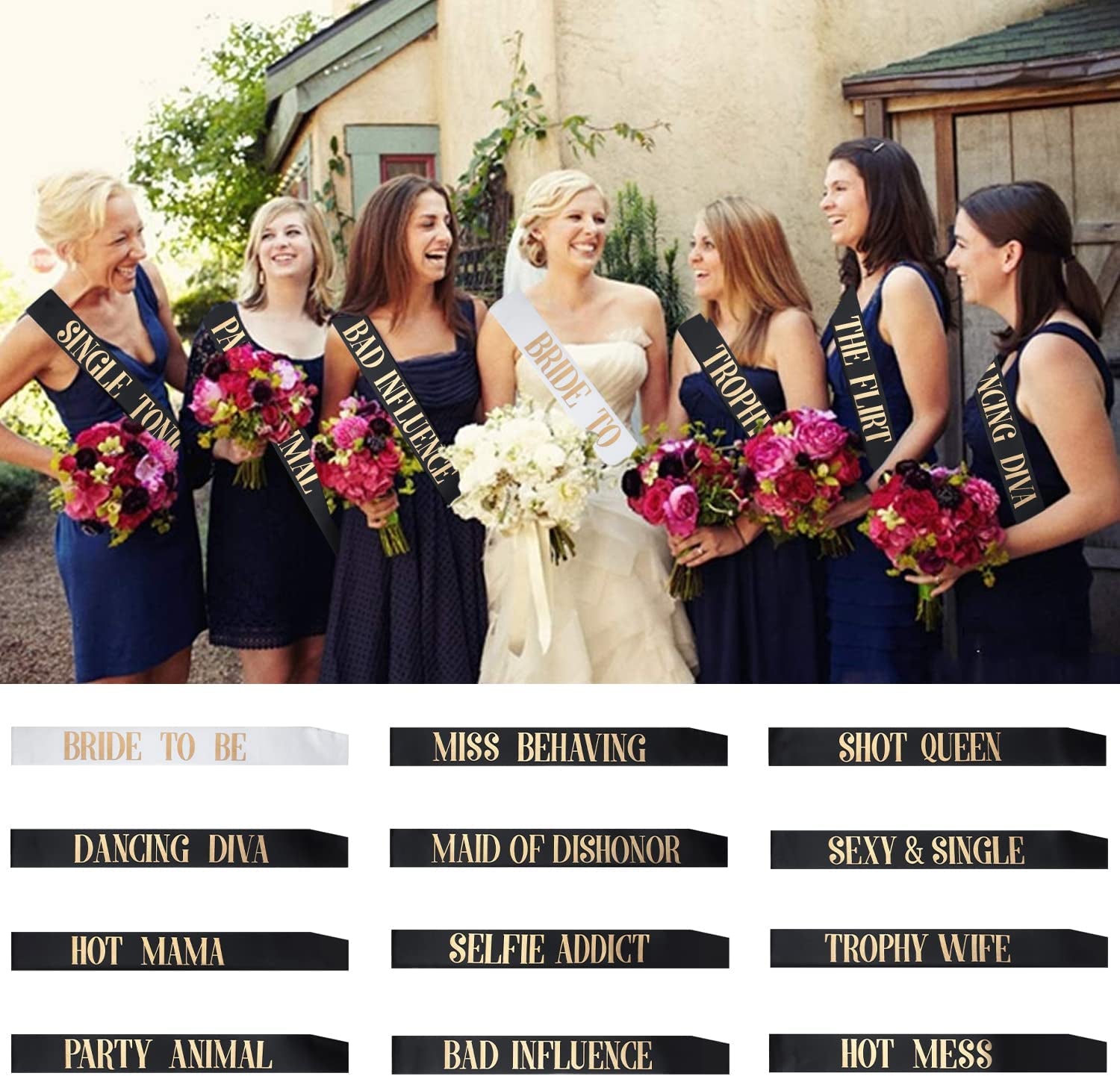 Snsowed 12 Pack- Bachelorette Party Bride to Be Sash- Unique Bride Bridesmaid Sashes for Bachelorette Party (Black, Rose Gold Letters) Apparel & Accessories > Clothing Accessories > Sashes Snsowed