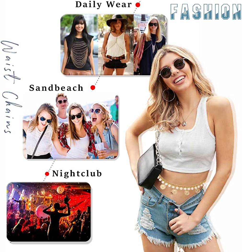 Pearl Tassel Belly Chain Retro Gold Coin Adjustable Chunky Body Chains Layered Nightclub Waist Chain Jewelry for Women & Girls, One Size Apparel & Accessories > Jewelry > Body Jewelry Generic