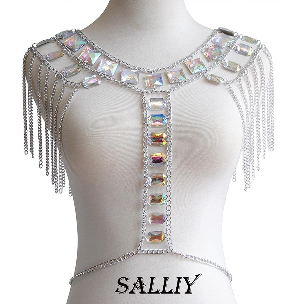 Salliy Boho Rhinestone Bikini Chain Set Silver Sexy Sequins Mesh Body Chains Summer Bra Body Jewelry for Women and Girls (Jacket) Apparel & Accessories > Jewelry > Body Jewelry Salliy