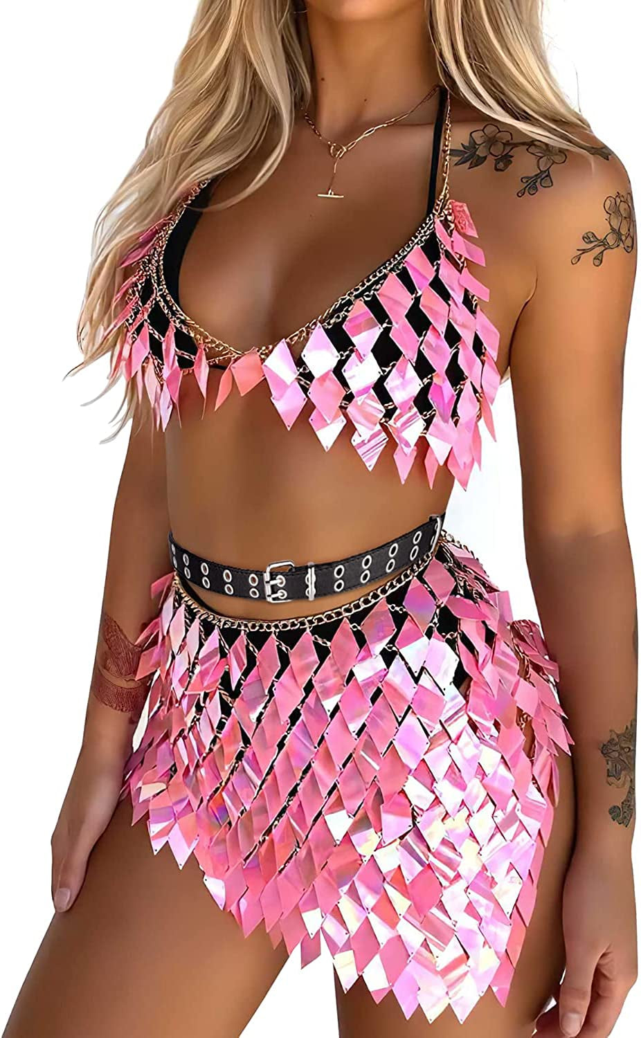 Sequins Tassels Body Chain Gold Bra Skirts Set Sexy Bikini Rave Festival Party Beach Fashion Accessories Jewelry for Women and Girls Apparel & Accessories > Jewelry > Body Jewelry DOTASI Pink