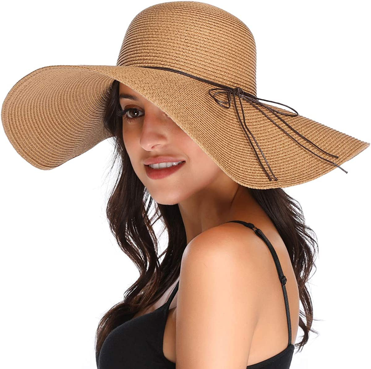 Lanzom Womens Wide Brim Straw Hat Big Floppy Foldable Roll up Cap Beach Sun Hat UPF 50+ Apparel & Accessories > Clothing Accessories > Hats Lanzom String-khaki One Size