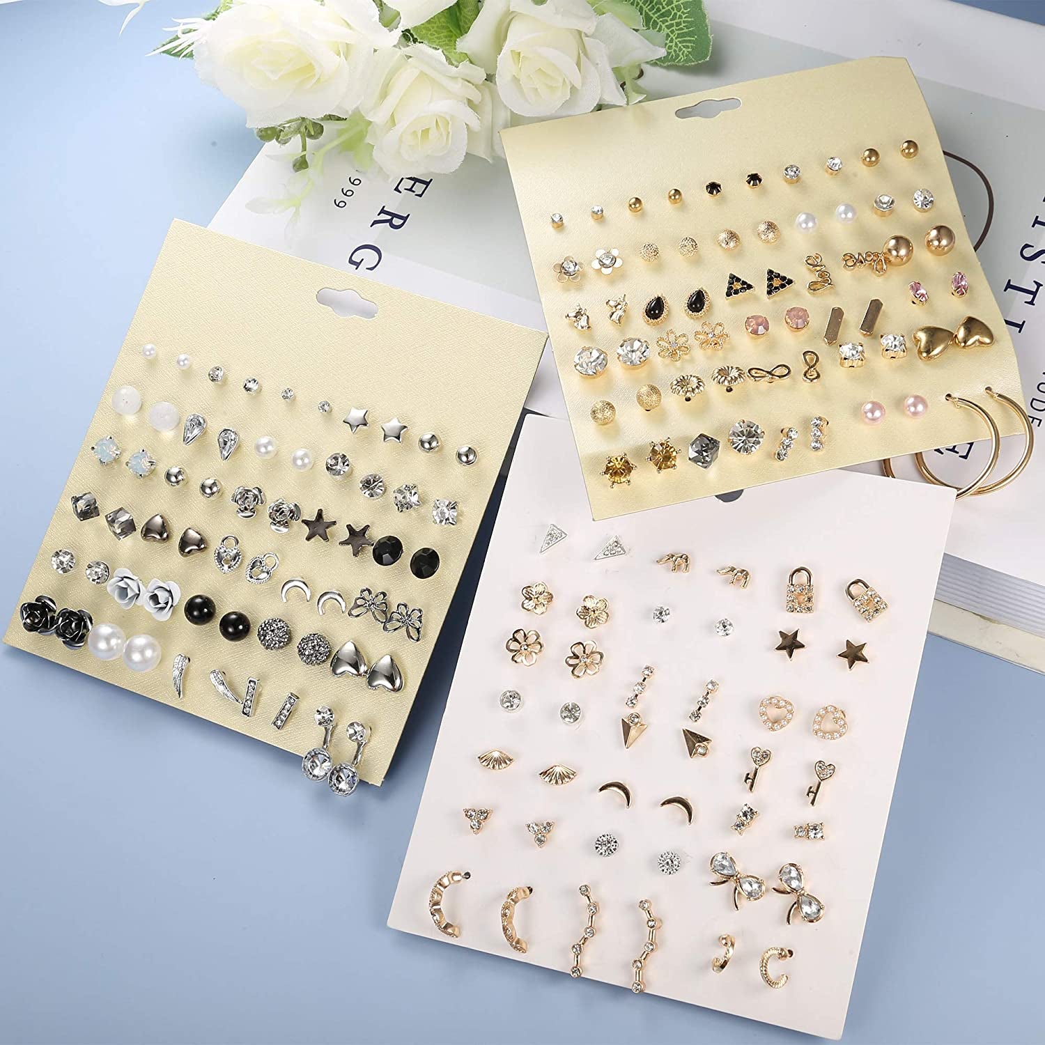 Thunaraz 81Pairs Small Stud Earrings Set for Women Men Triangle Circle Bar Star Moon Geometric Leaf Arrow Flower Bow CZ Ball Faux Pearl Hoop Dangle Earrings Set Apparel & Accessories > Jewelry > Earrings THUNARAZ