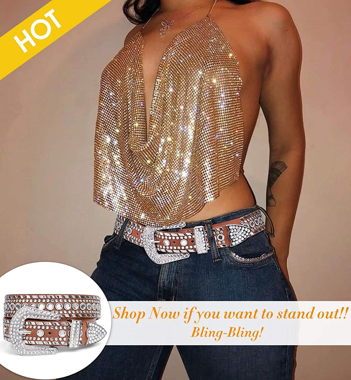 Rhinestone Belt for Men Women SUOSDEY Western Cowboy Cowgirl Bling Studded Leather Belt for Jeans Pants Apparel & Accessories > Clothing Accessories > Belts SUOSDEY