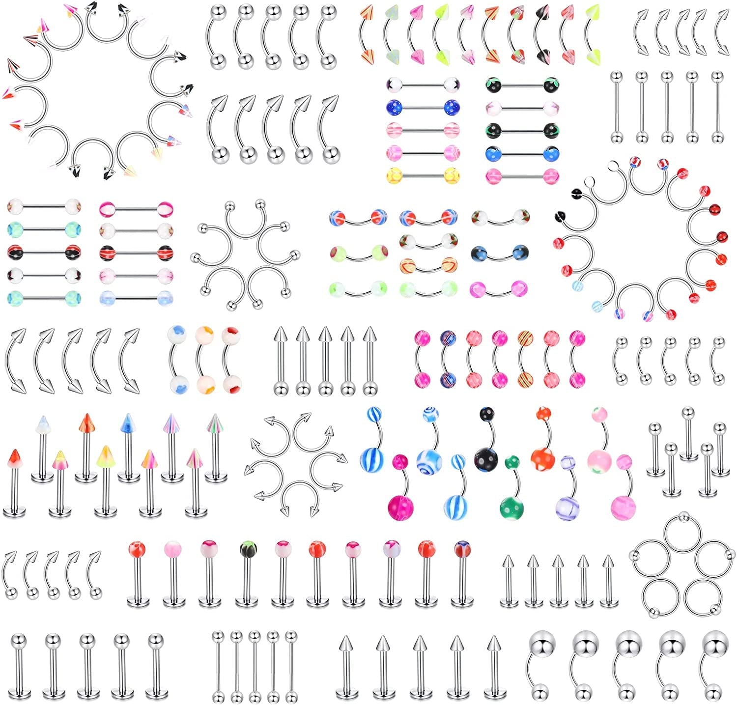Ubjuliwa 148Pcs - 185Pcs Body Piercing Jewelry for All Piercings, Tongue Nipple Rings Eyebrow Lip Belly Button Barbell Nose Piercing Tragus Navel Body Jewelry for Women Piercings 14G-18G Apparel & Accessories > Jewelry > Body Jewelry Ubjuliwa style1