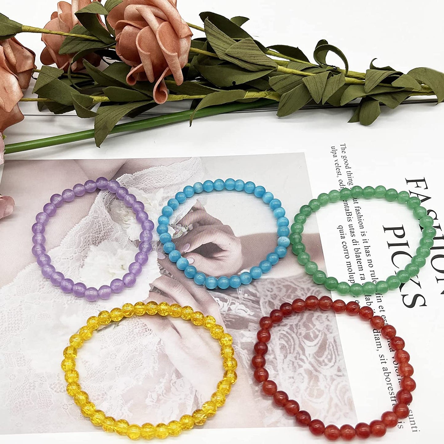 Svovin 12Pcs Gemstone 6Mm Semi Precious round Beaded Bracelet Set for Women Men Girl Healing Crystal Stretch Energy Stone Bead Bracelets Jewelry Apparel & Accessories > Jewelry > Bracelets Svovin