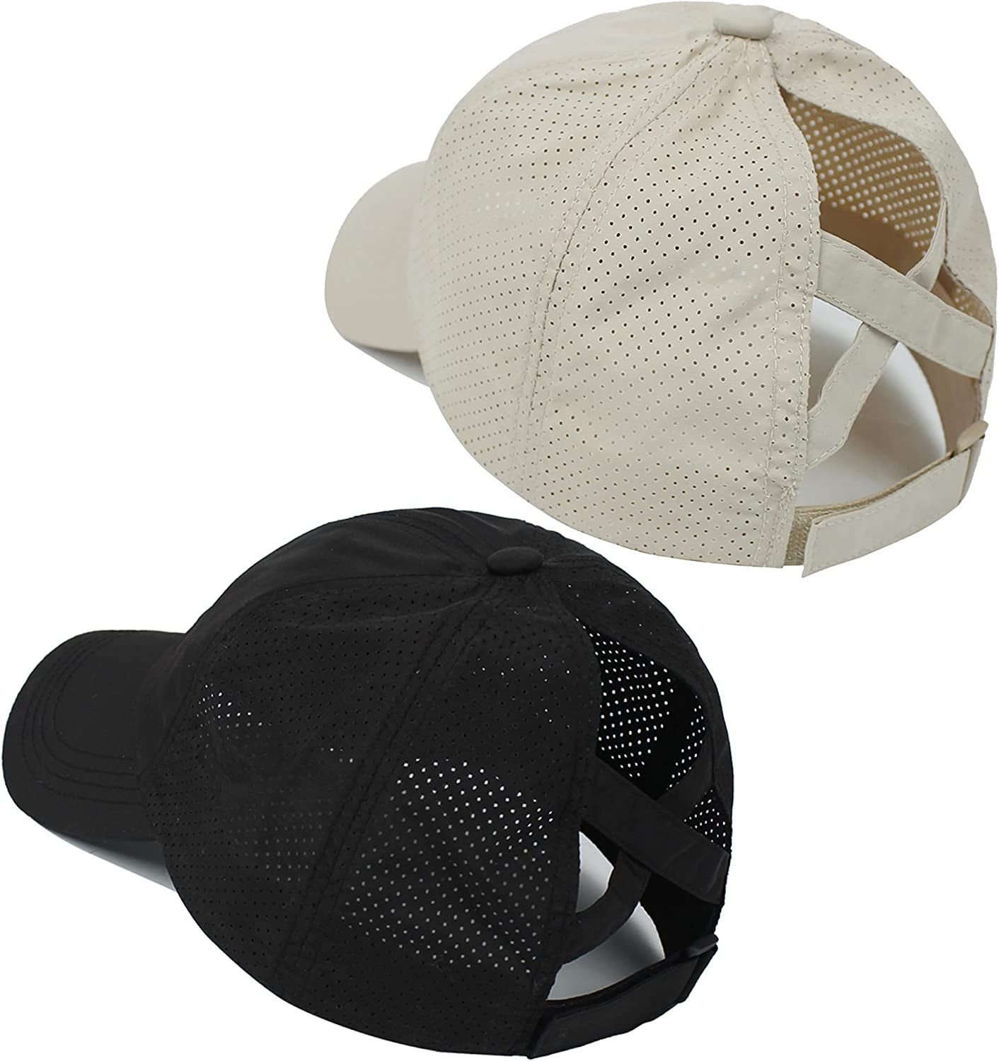 Muryobao 2 Packs Womens Criss Cross Ponytail Baseball Cap High Messy Bun Ponycap Quick Drying Mesh Outdoor Sports Travel Hat Apparel & Accessories > Clothing Accessories > Hats Muryobao Black & Khaki