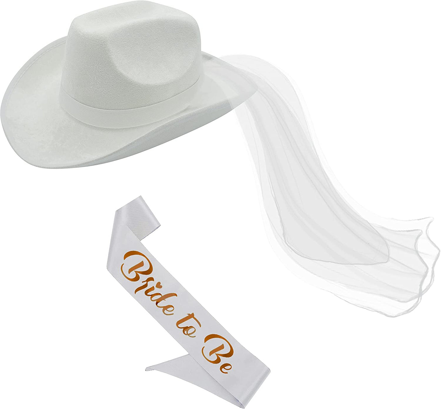 Bride Cowgirl Hat with Veil & Bachelorette Sash - White Cowboy Hat for Bachelorette Party by 4E'S Novelty Apparel & Accessories > Clothing Accessories > Sashes 4E's Novelty