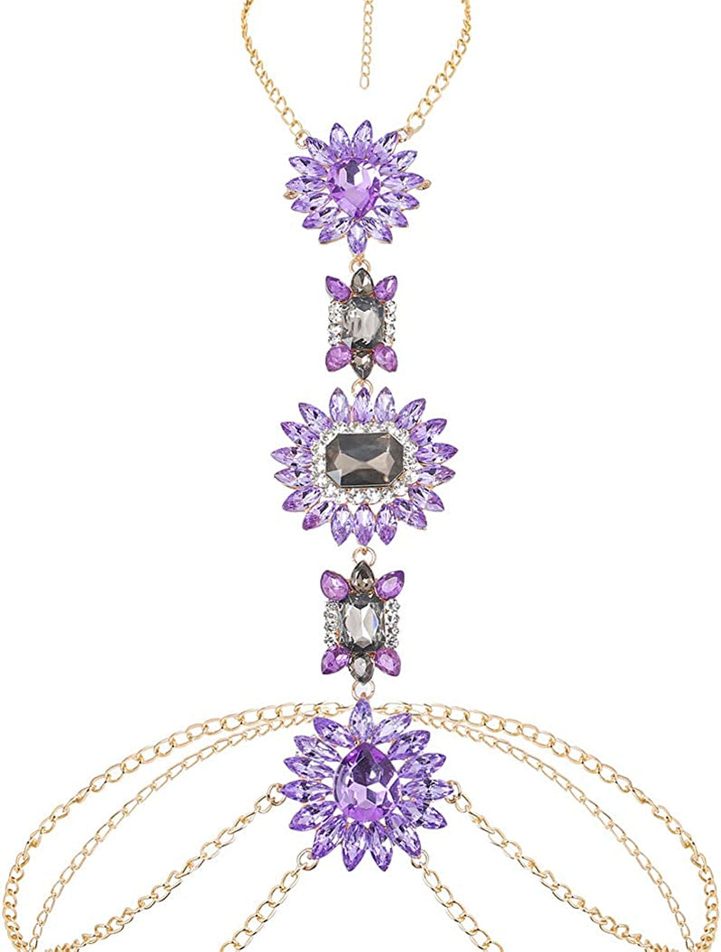 ELABEST Boho Rhinestone Statement Chest Chain Crystal Necklace Body Chain Summer Beach Body Jewelry Accessories for Women and Girls Apparel & Accessories > Jewelry > Body Jewelry ELABEST Purple