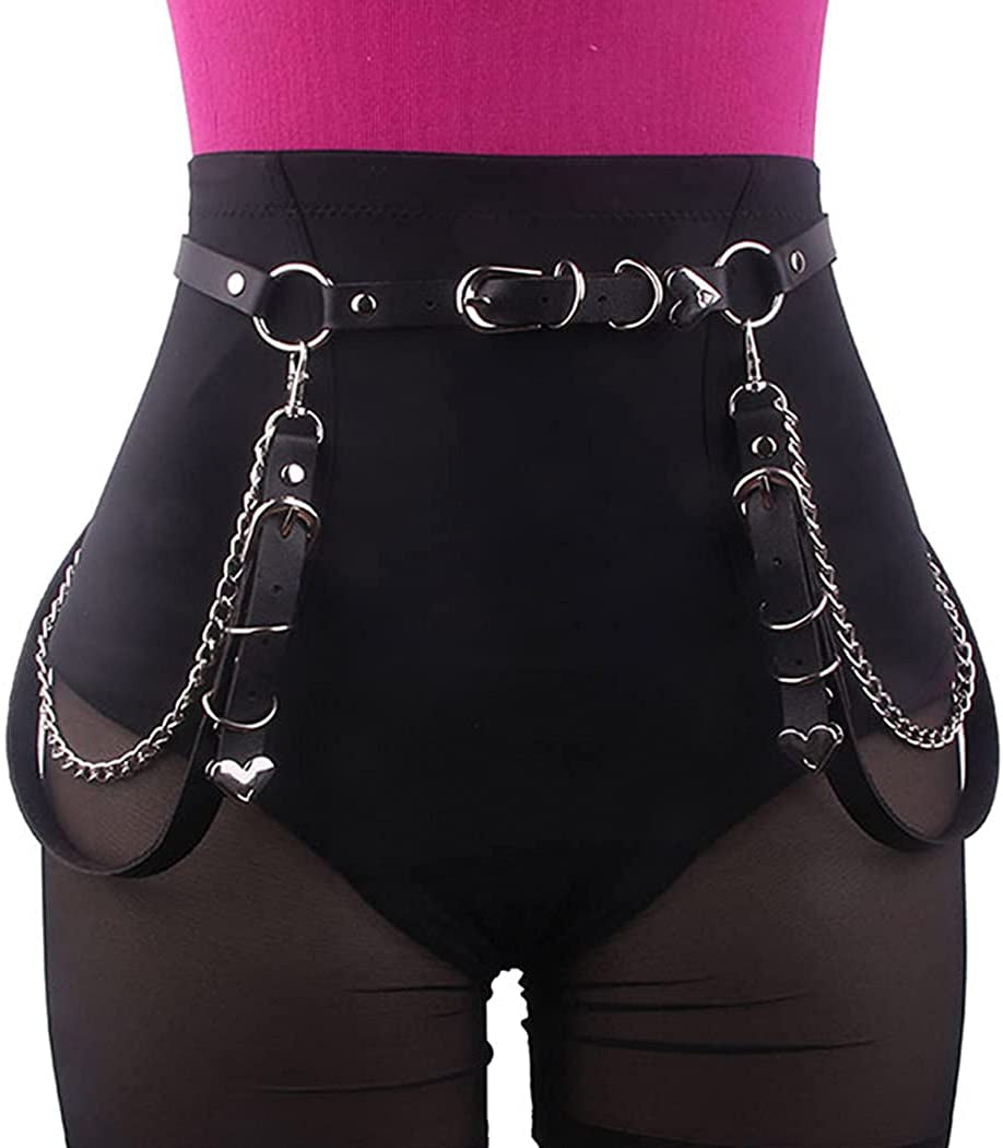 Cosydays Punk Leather Body Chain Black Harness Heart Waist Chain Belt Layered Party Rave Outfits Leather Belts Belly Chain Jewelry for Women and Girls Apparel & Accessories > Jewelry > Body Jewelry COSYDAYS