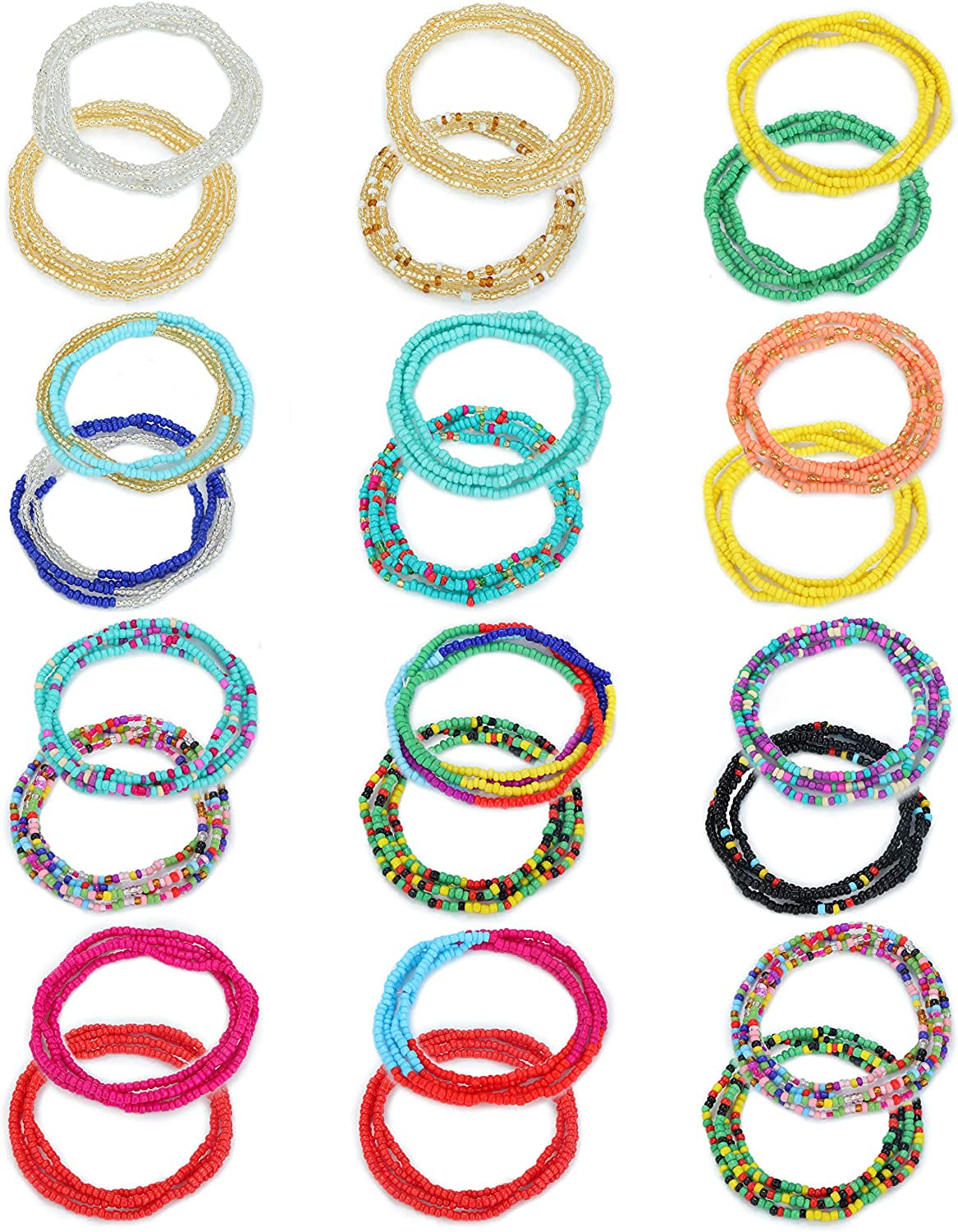 FIBO STEEL 24 Pcs Belly Waist Necklace Chain Summer Jewelry Bikini Body Chain for Women African Waist Bead Set Stretchy Elastic String Multi-Color Sexy Bracelet Anklet Apparel & Accessories > Jewelry > Body Jewelry FIBO STEEL