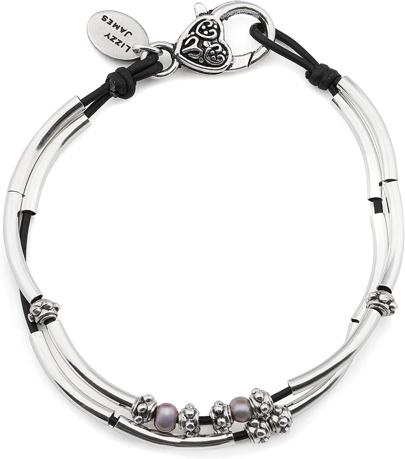 Lizzy James Lucy Anklet Bracelets for Women in Natural Black Leather Silver Plate Crescents Apparel & Accessories > Jewelry > Anklets Lizzy James Silver Plain 11 INCH