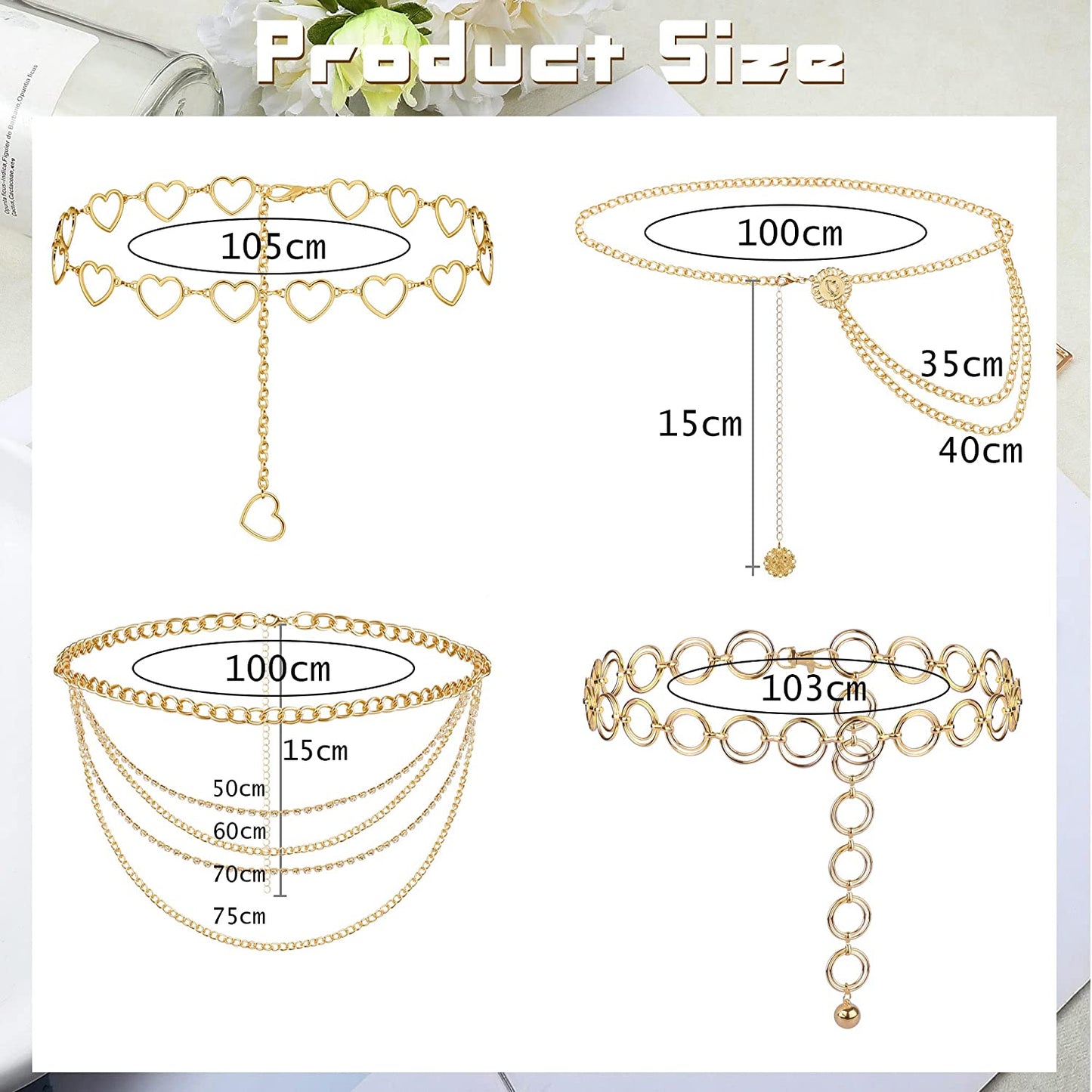 LOLIAS 4 Pcs Waist Chain Belts for Women Men Metal Belly Gold Chains Jeans Pants Chains Multi-Layer Hip Hop Body Jewelry Apparel & Accessories > Jewelry > Body Jewelry LOLIAS