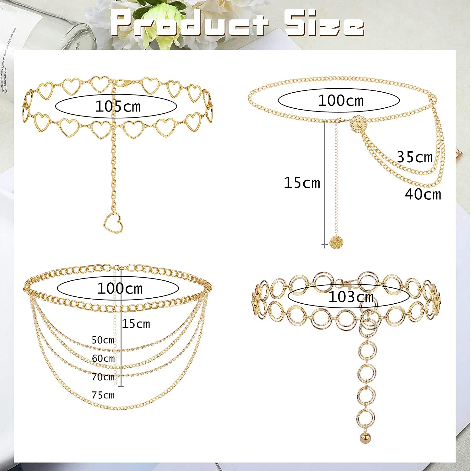 LOLIAS 4 Pcs Waist Chain Belts for Women Men Metal Belly Gold Chains Jeans Pants Chains Multi-Layer Hip Hop Body Jewelry Apparel & Accessories > Jewelry > Body Jewelry LOLIAS