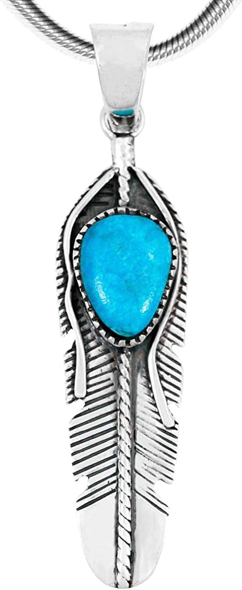 Feather Turquoise Pendant Necklace 20" Sterling Silver 925 Genuine Gemstones (Choose Color) Turquoise