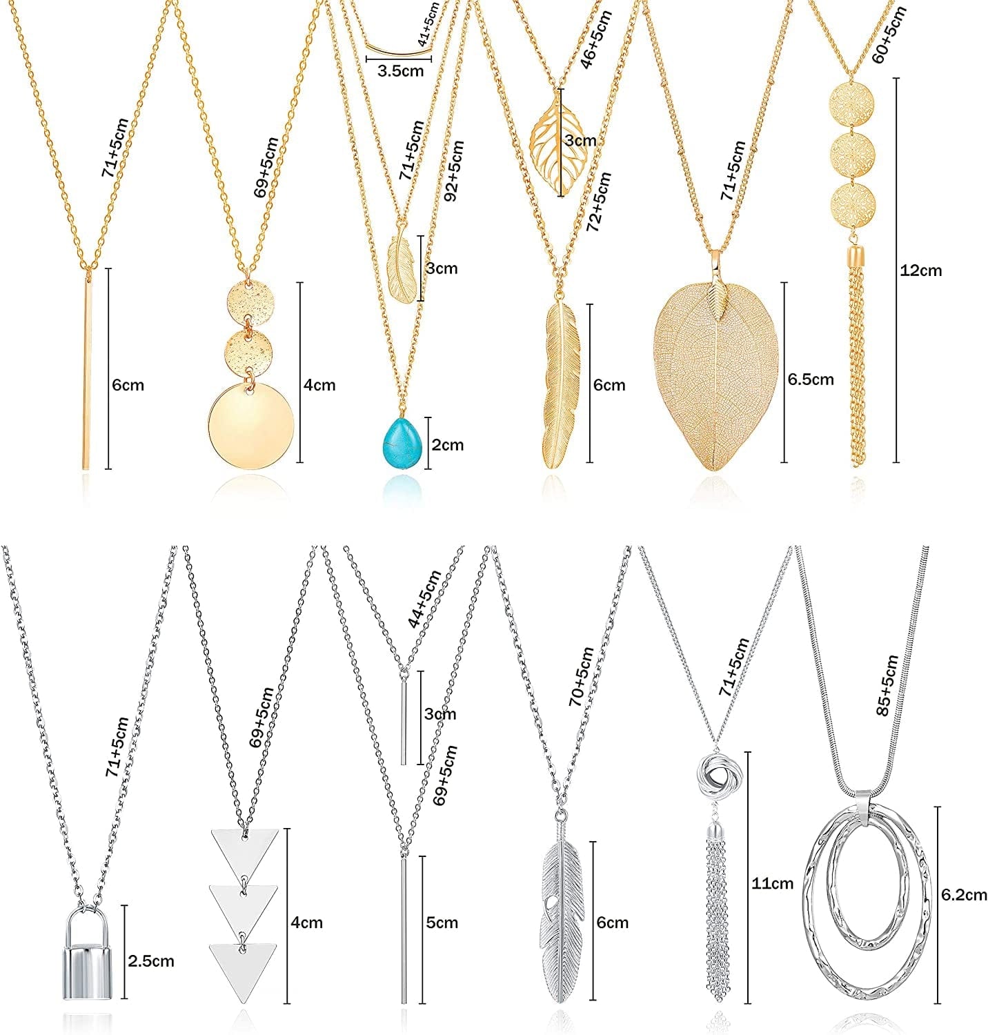 Fecsiory 12 Pcs Long Pendant Necklace for Women, Gold Bar Feather Triangle Leaf Lock Tassel Y Necklace Jewelry Set for Girls Gold & Silver Set