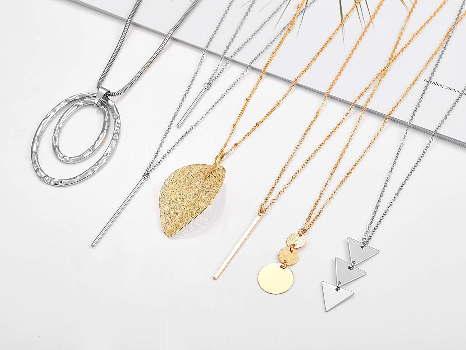 Fecsiory 12 Pcs Long Pendant Necklace for Women, Gold Bar Feather Triangle Leaf Lock Tassel Y Necklace Jewelry Set for Girls Gold & Silver Set