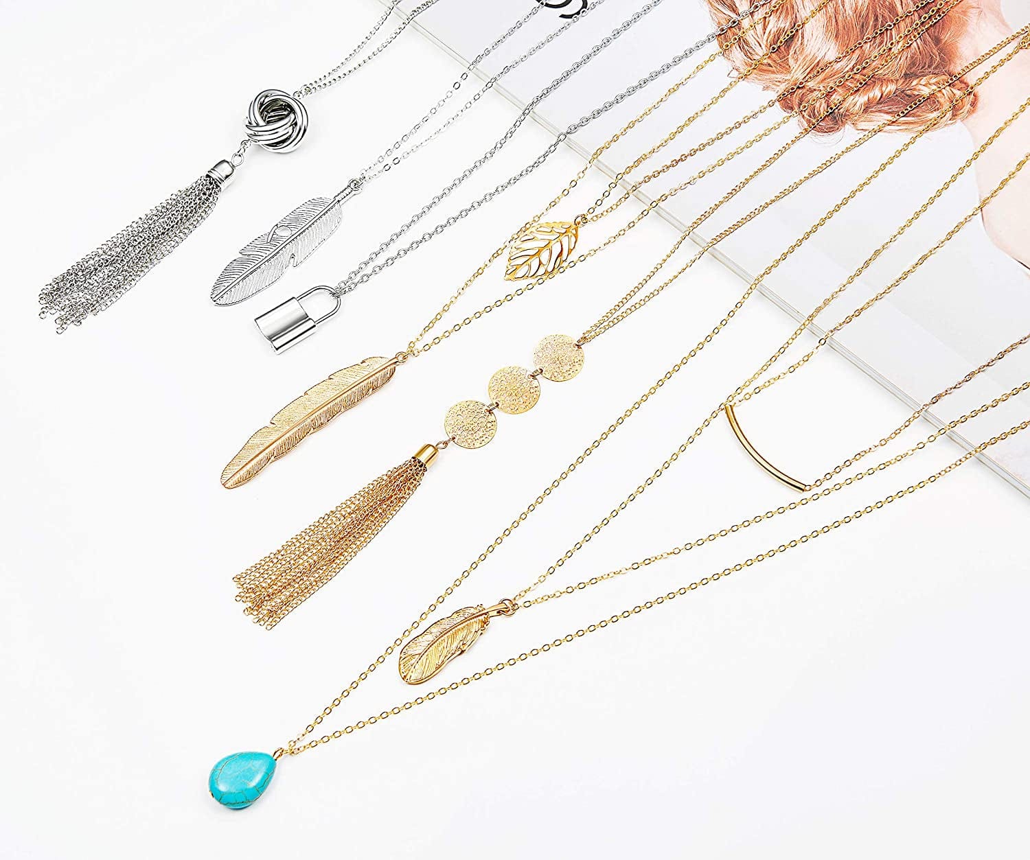 Fecsiory 12 Pcs Long Pendant Necklace for Women, Gold Bar Feather Triangle Leaf Lock Tassel Y Necklace Jewelry Set for Girls Gold & Silver Set