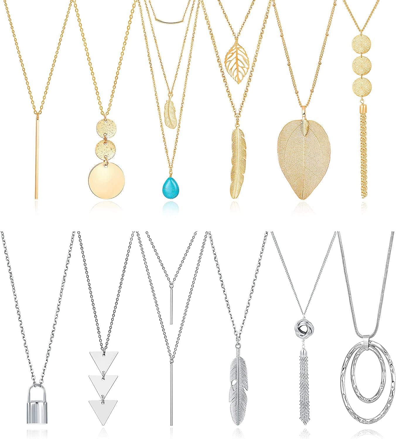 Fecsiory 12 Pcs Long Pendant Necklace for Women, Gold Bar Feather Triangle Leaf Lock Tassel Y Necklace Jewelry Set for Girls Gold & Silver Set