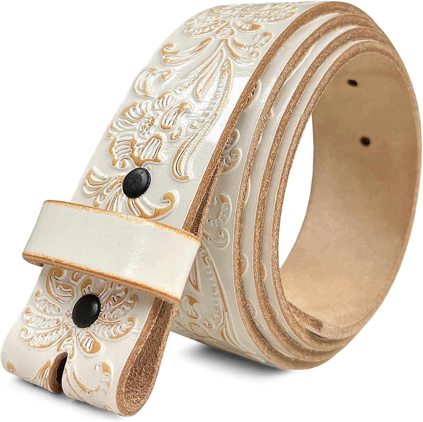 Cowboy Cowgirl Western Tooled Floral Embossed Full Grain Genuine Leather Belt Strap 1-1/2"(38Mm) Wide Apparel & Accessories > Clothing Accessories > Belts Belts.com Type a Strap - White 44