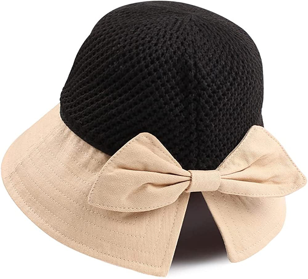 Women Wide Brim Hat Hollow Breathable Summer Bucket Hat Bow Lady’S Sun Cap for Travel Apparel & Accessories > Clothing Accessories > Hats Zsedrut Beige