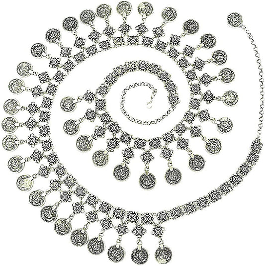 Tianbo Vintage Antique Silver Color Coin Tassels Pendant Belly Dance Body Chain Waist Chains Turkish Gypsy Carving Beach Belt Body Jewelry for Women Size 35-41In Adjustable (Rq80) Apparel & Accessories > Jewelry > Body Jewelry TianBo