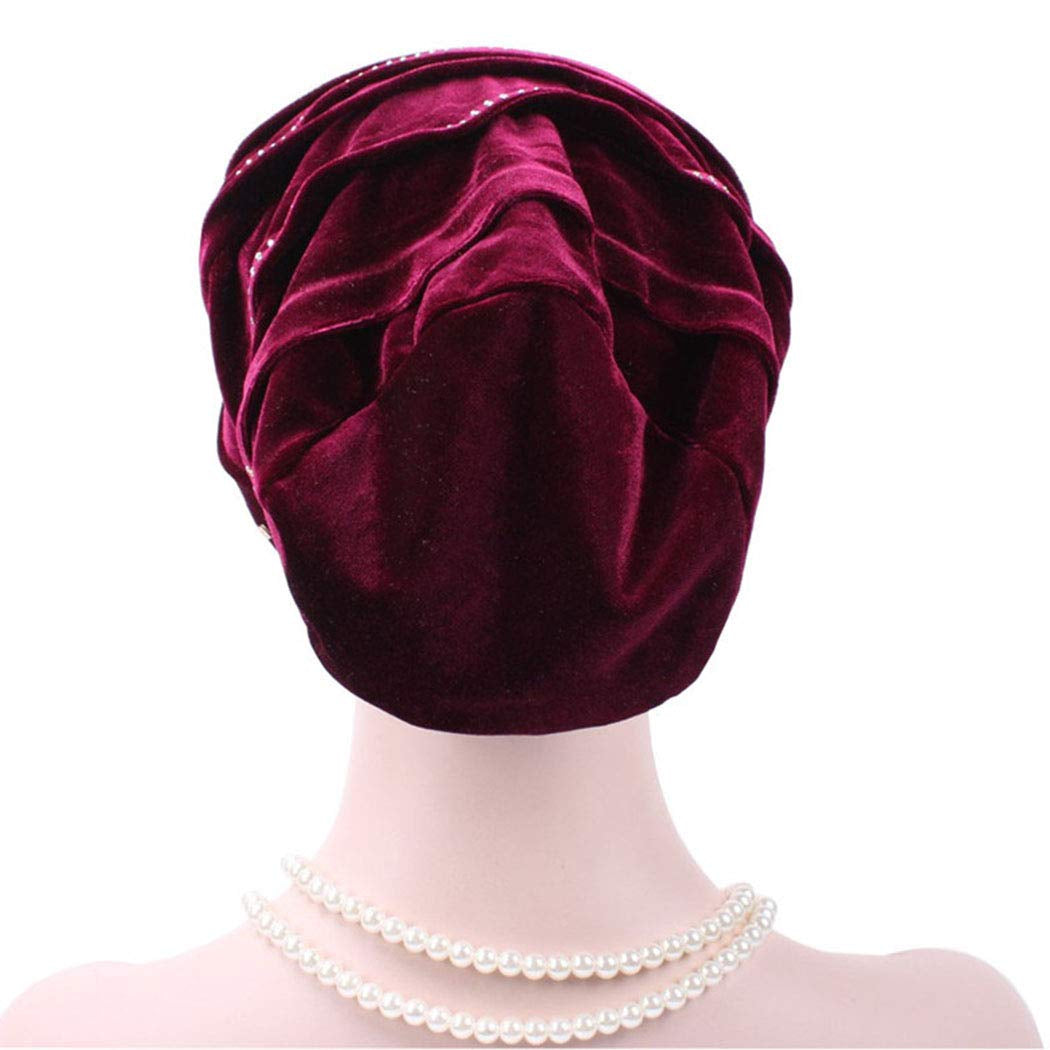 Bohend Vintage Rhinestone Turban Sleep Headwrap Wide Sparkly Sleep Turban Headband Crystal Muslim Hat Headwear Beanie Pre-Tied Bonnet Velvet Hat Cap Hair Wrap for Women and Girls (Wine Red) Apparel & Accessories > Clothing Accessories > Headwear Bohend