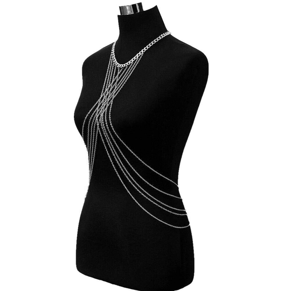 Bomine Harness Silver Body Chain Bra Crossover Sexy Body Jewelry Bikini Chains Necklace for Women and Girls (Silver) Apparel & Accessories > Jewelry > Body Jewelry Bomine