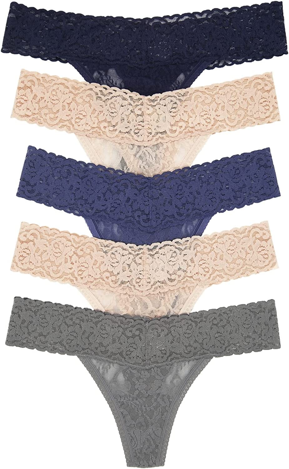Felina | Signature Stretchy Lace Low Rise Thong 5-Pack | Panty Neutral Grays / Medium-Large