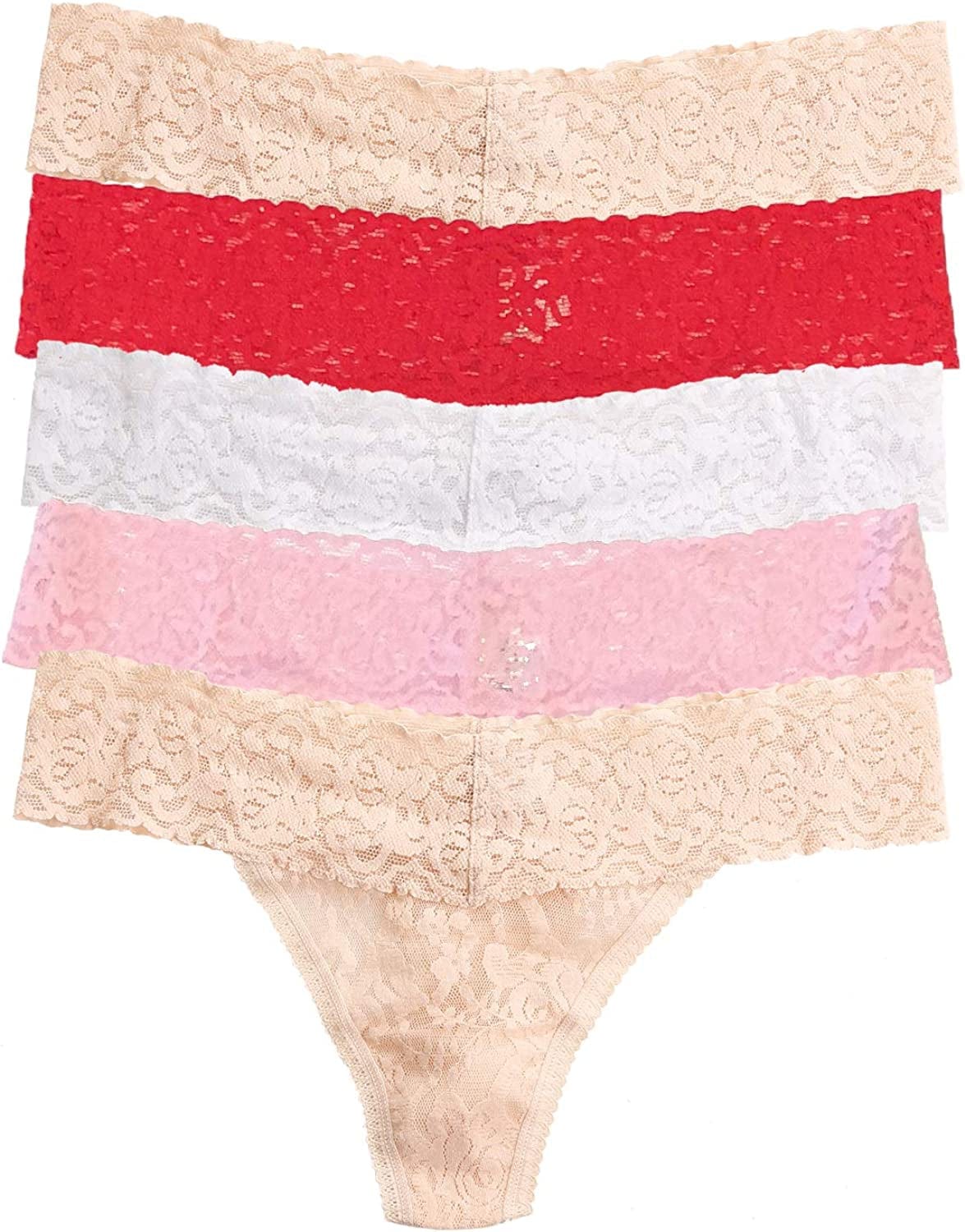 Felina | Signature Stretchy Lace Low Rise Thong 5-Pack | Panty Bare Coral / Medium-Large