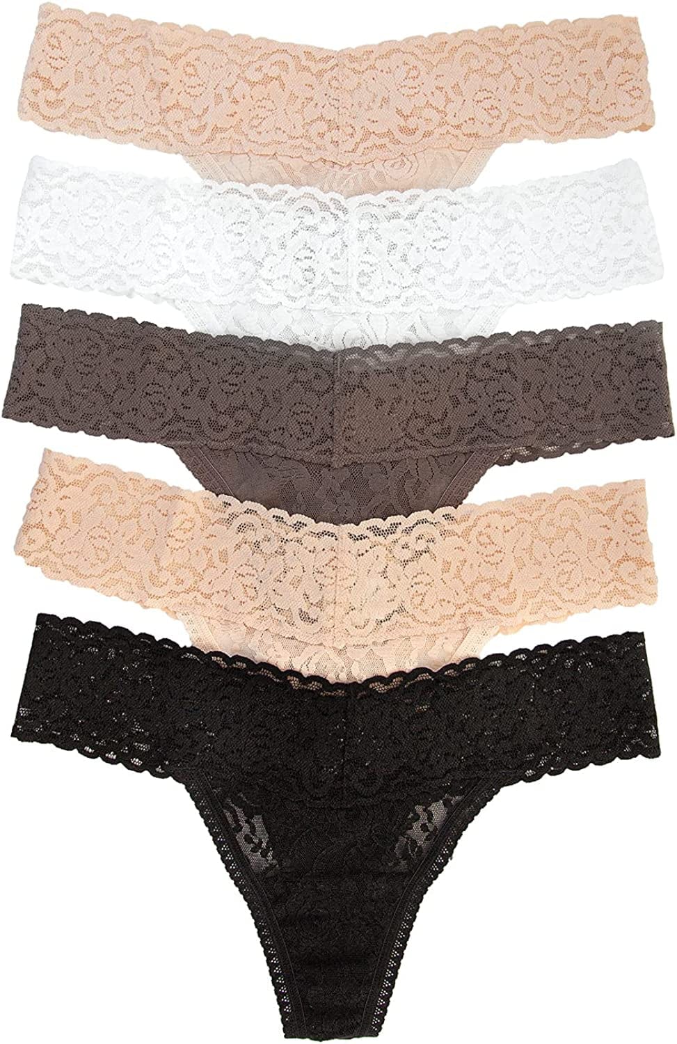 Felina | Signature Stretchy Lace Low Rise Thong 5-Pack | Panty Cocoa Beans / Large-X-Large