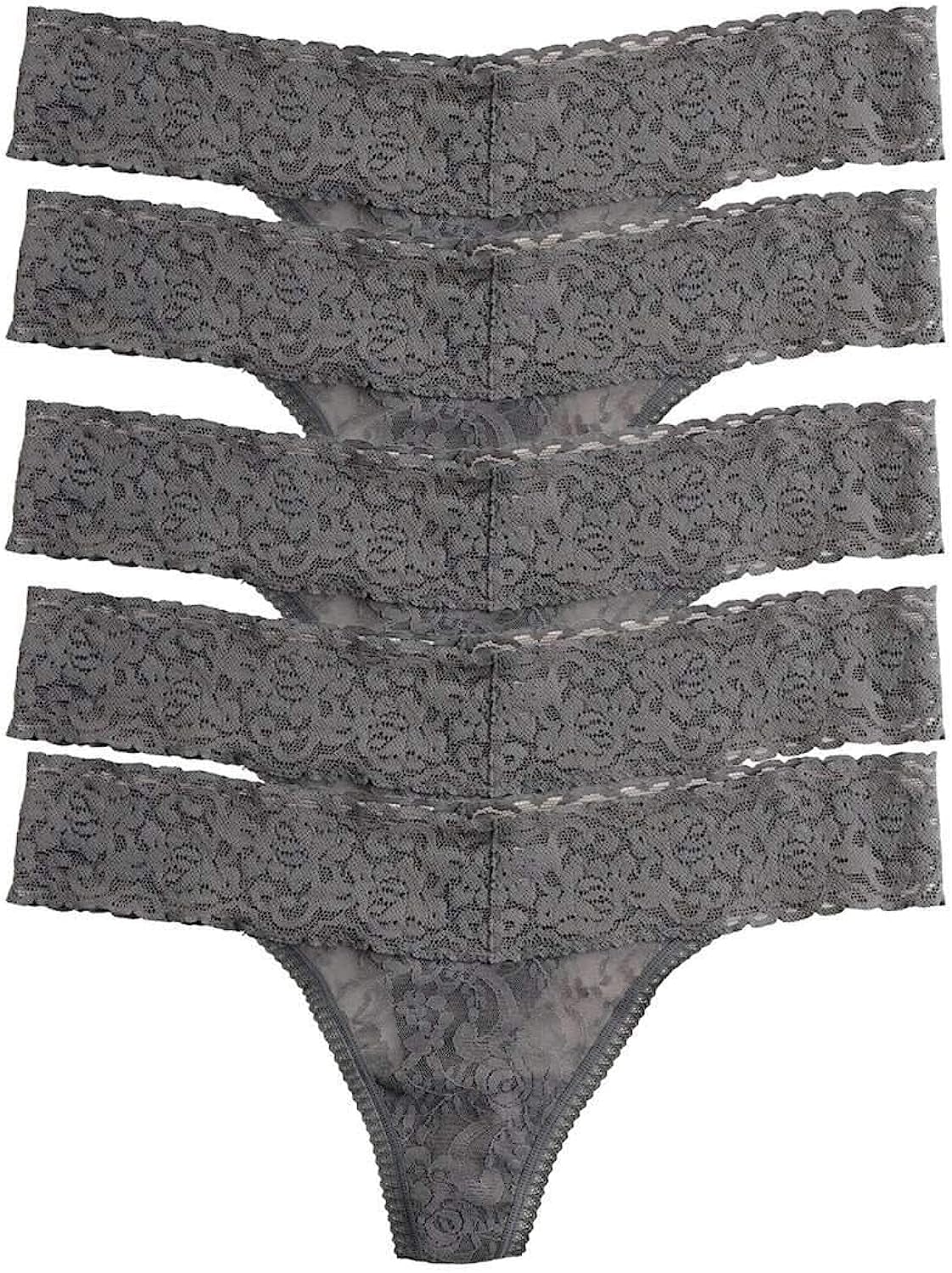 Felina | Signature Stretchy Lace Low Rise Thong 5-Pack | Panty Charcoal / Medium-Large