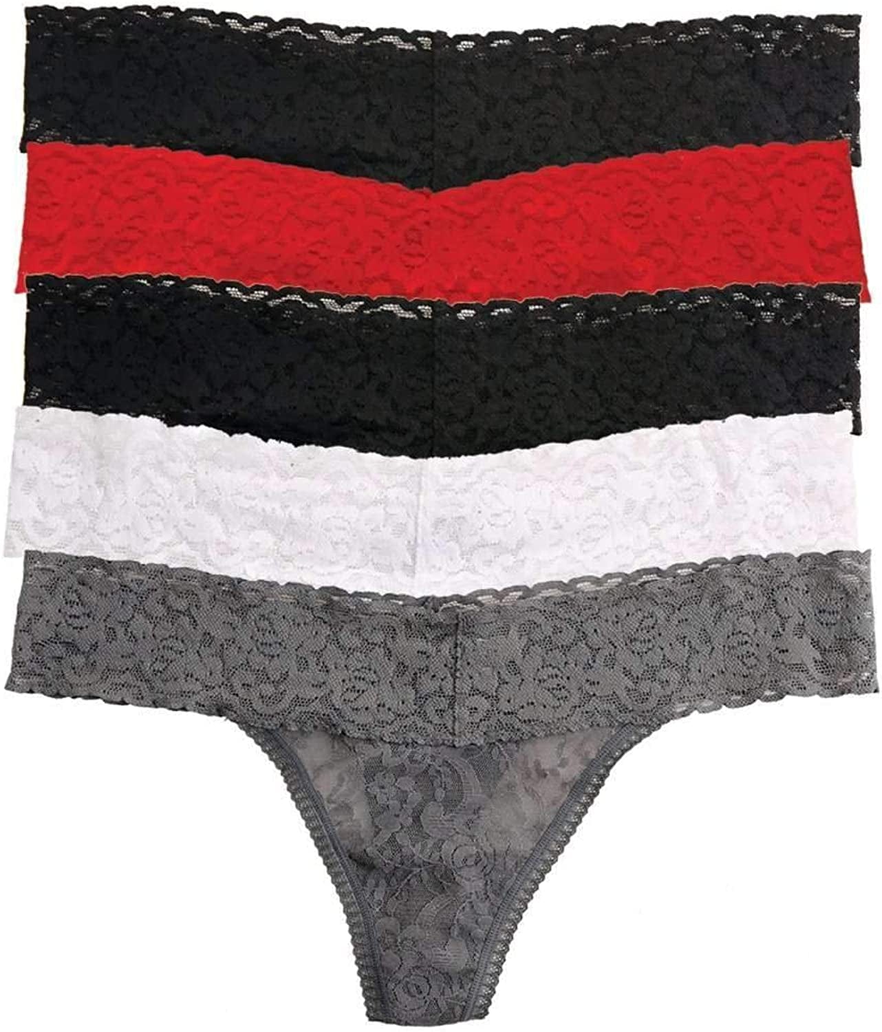 Felina | Signature Stretchy Lace Low Rise Thong 5-Pack | Panty Black Charcoal Red / Large-X-Large