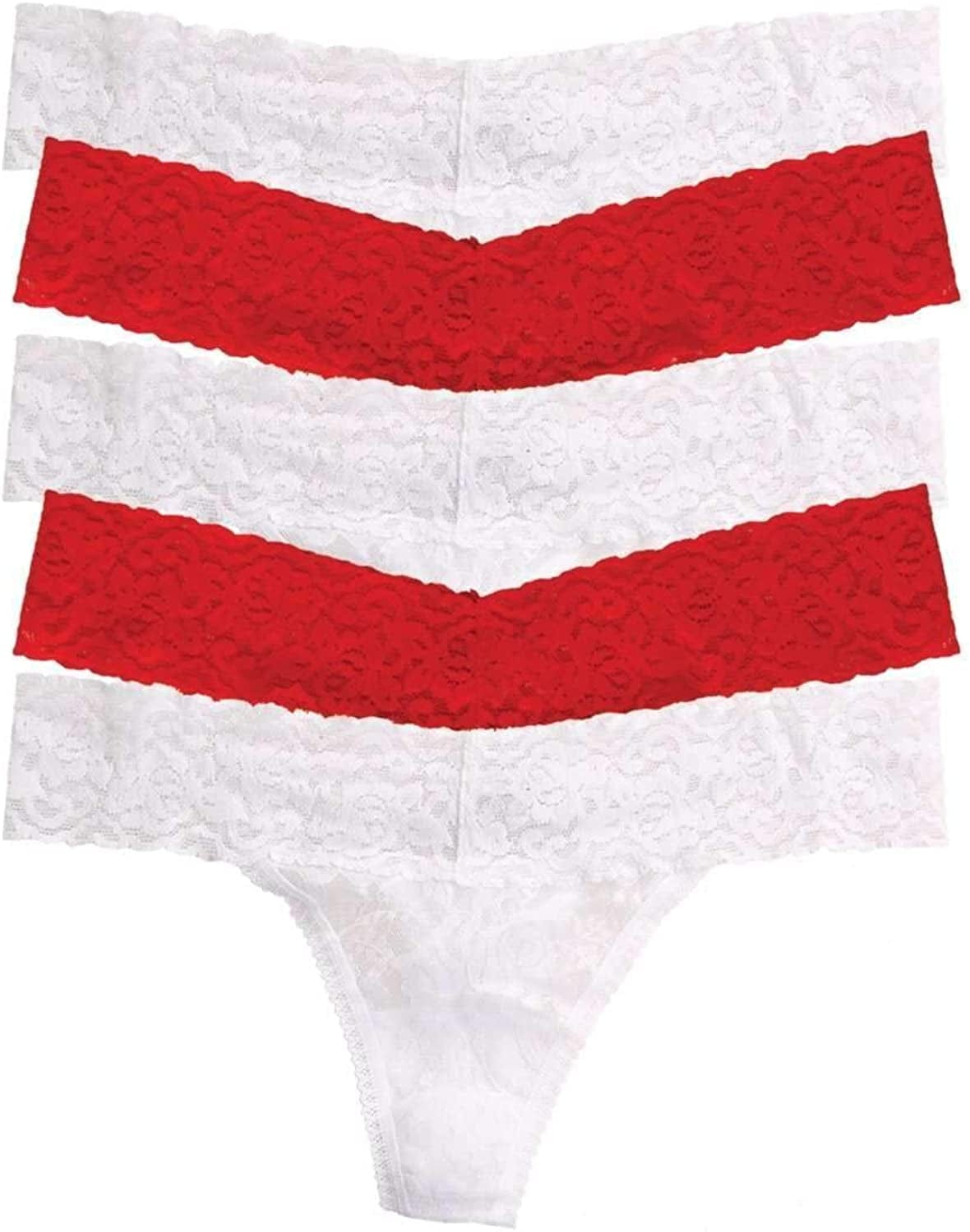 Felina | Signature Stretchy Lace Low Rise Thong 5-Pack | Panty True Red White / Large-X-Large