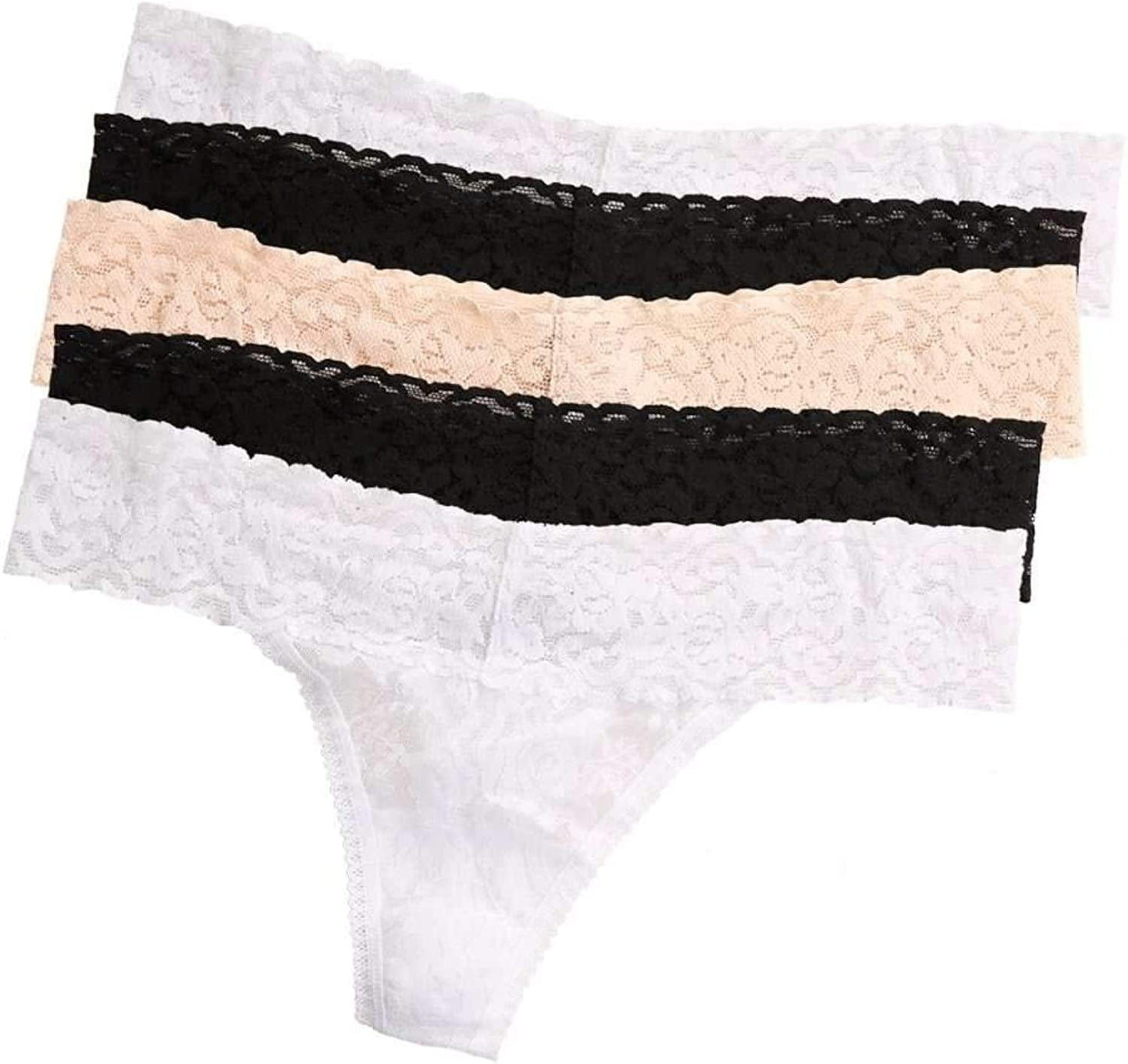 Felina | Signature Stretchy Lace Low Rise Thong 5-Pack | Panty Black White Bare / Large-X-Large