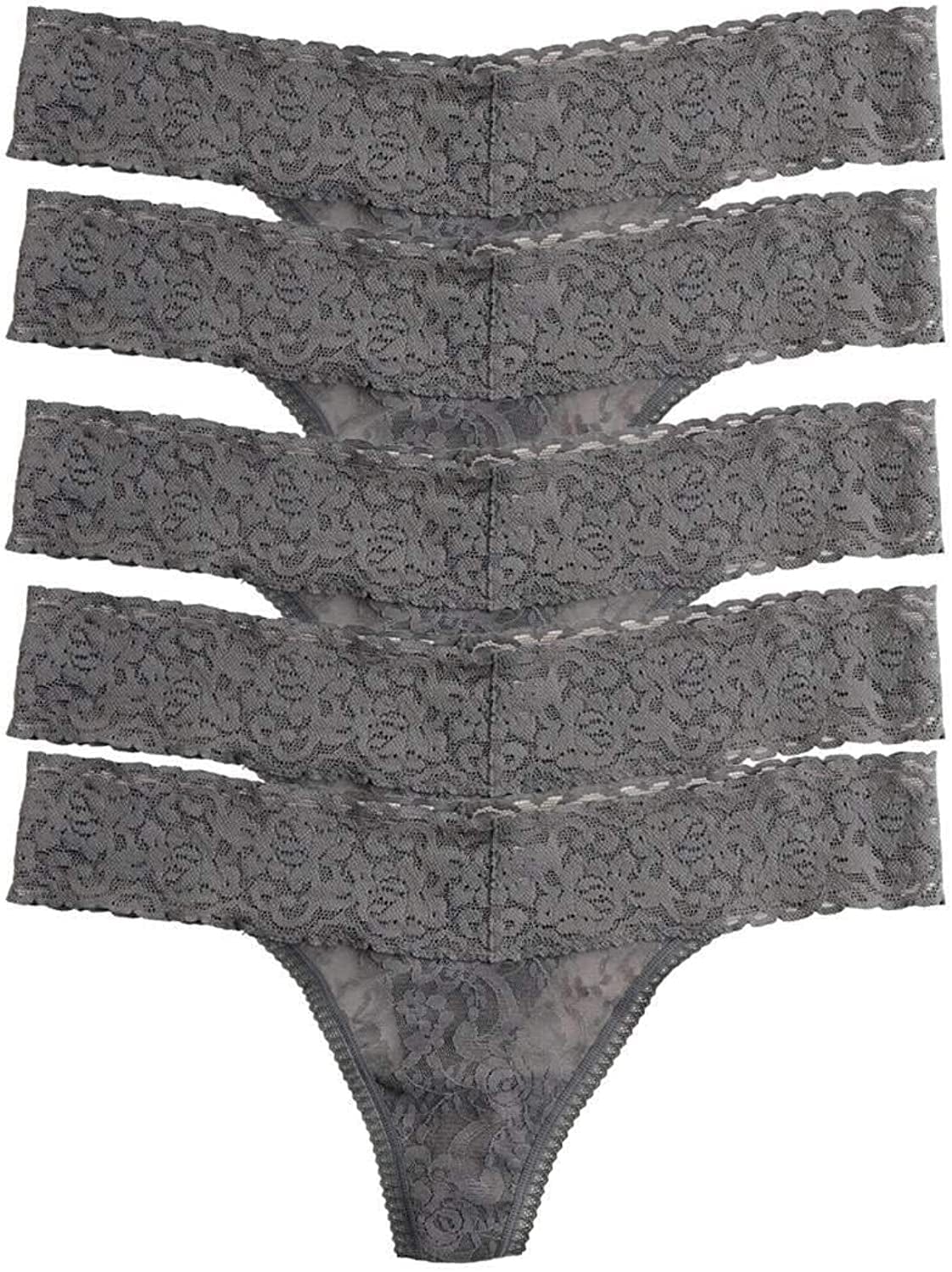 Felina | Signature Stretchy Lace Low Rise Thong 5-Pack | Panty Charcoal / Large-X-Large