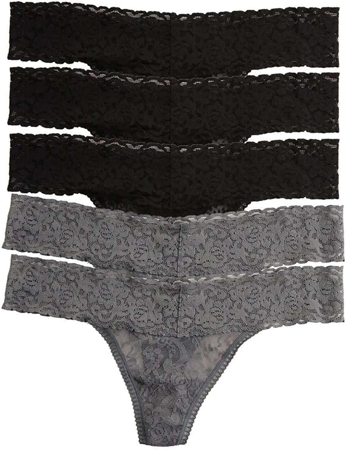 Felina | Signature Stretchy Lace Low Rise Thong 5-Pack | Panty Black Charcoal / Large-X-Large