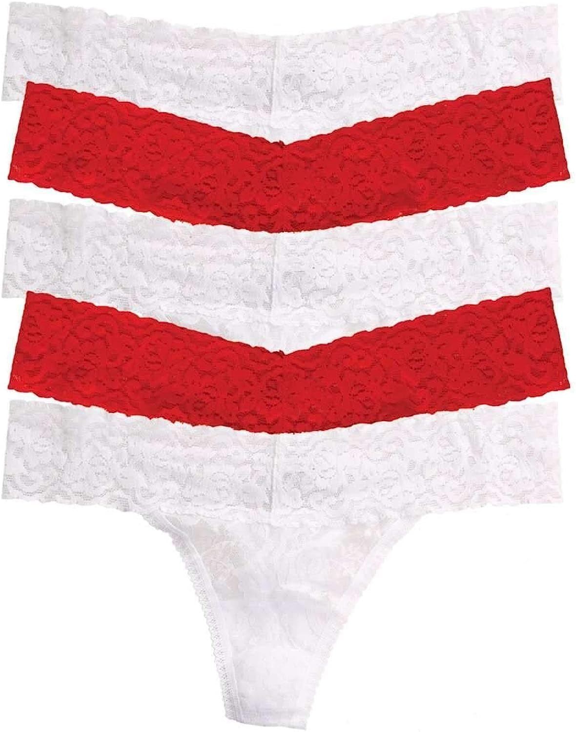 Felina | Signature Stretchy Lace Low Rise Thong 5-Pack | Panty True Red White / Medium-Large