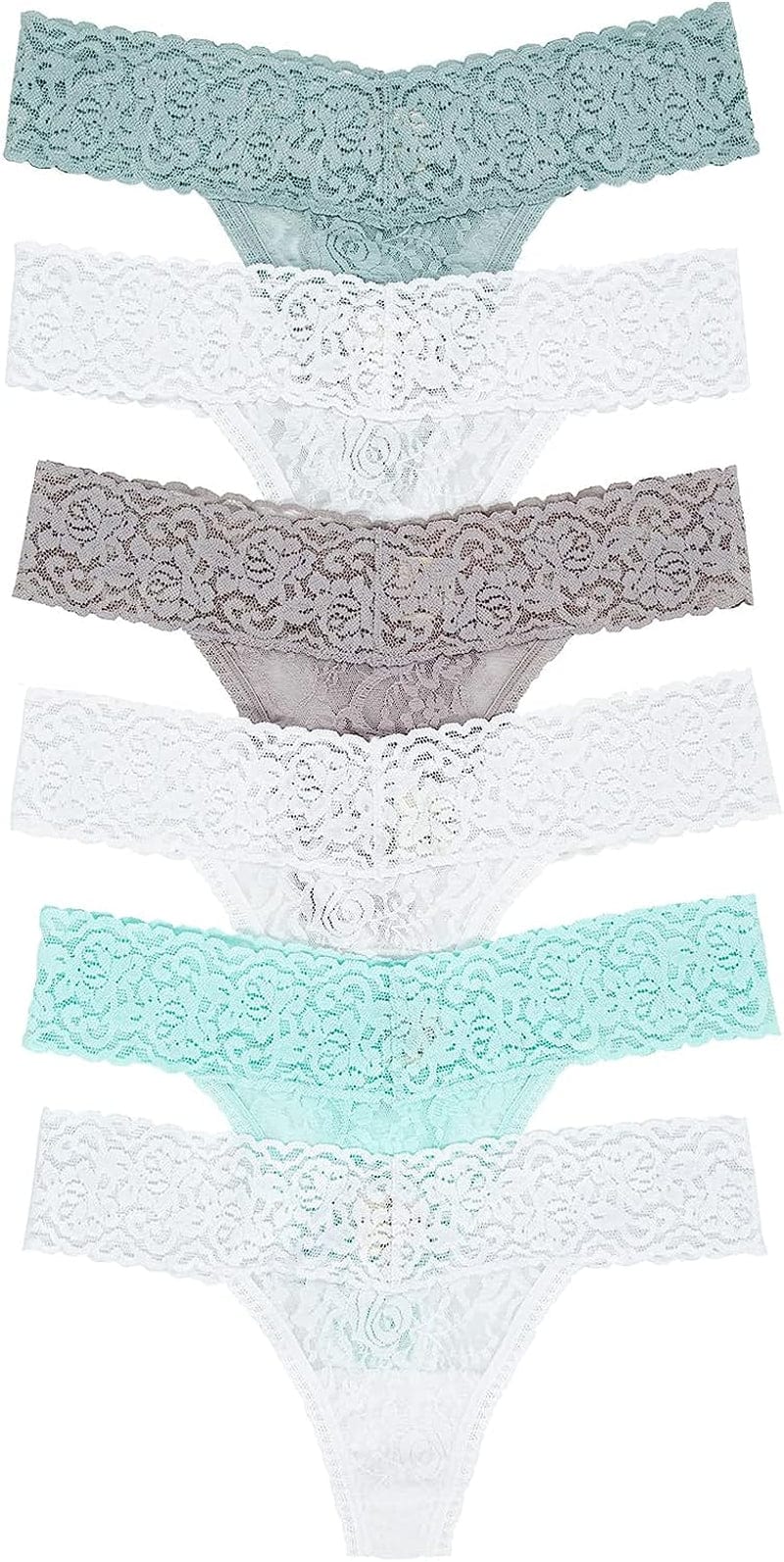 Felina Stretchy Lace Low Rise Thong - Sexy Underwear for Women, Thongs for Women, Seamless Panties for Women (6-Pack) Light Mist / Medium-Large