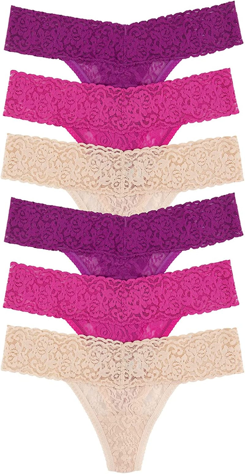 Felina Stretchy Lace Low Rise Thong - Sexy Underwear for Women, Thongs for Women, Seamless Panties for Women (6-Pack) Very Berry Neutrals / Large-X-Large