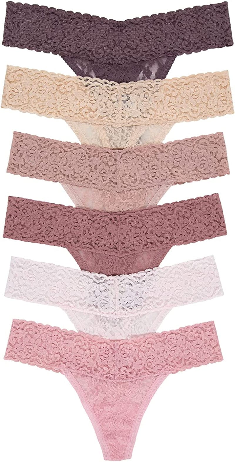 Felina Stretchy Lace Low Rise Thong - Sexy Underwear for Women, Thongs for Women, Seamless Panties for Women (6-Pack) Pink Neutrals / Large-X-Large