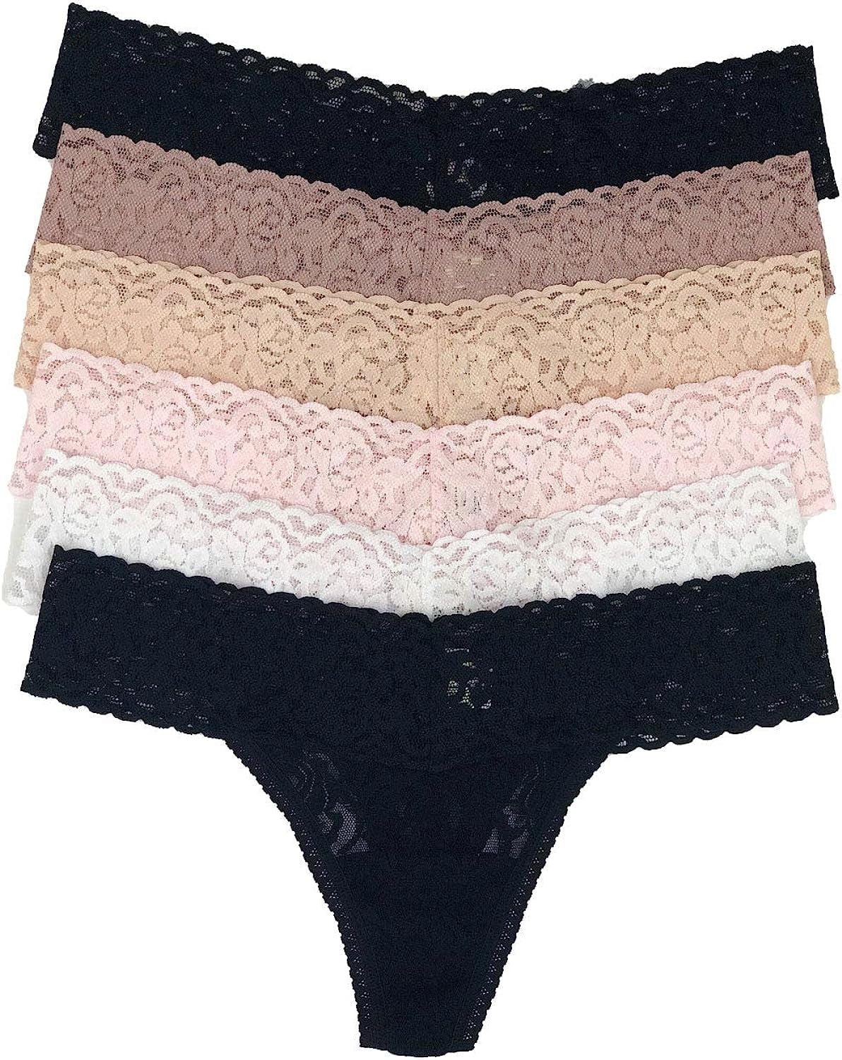 Felina Stretchy Lace Low Rise Thong - Sexy Underwear for Women, Thongs for Women, Seamless Panties for Women (6-Pack) Neutrals / Large-X-Large