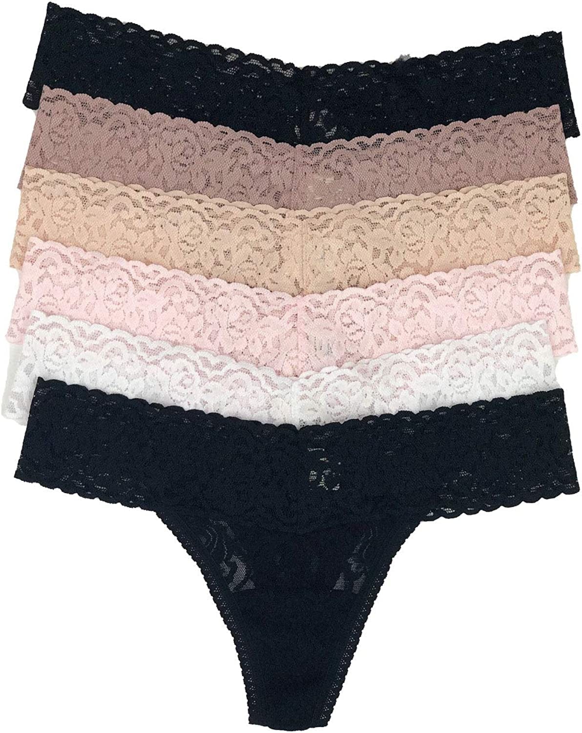 Felina Stretchy Lace Low Rise Thong - Sexy Underwear for Women, Thongs for Women, Seamless Panties for Women (6-Pack) Neutrals / Medium-Large