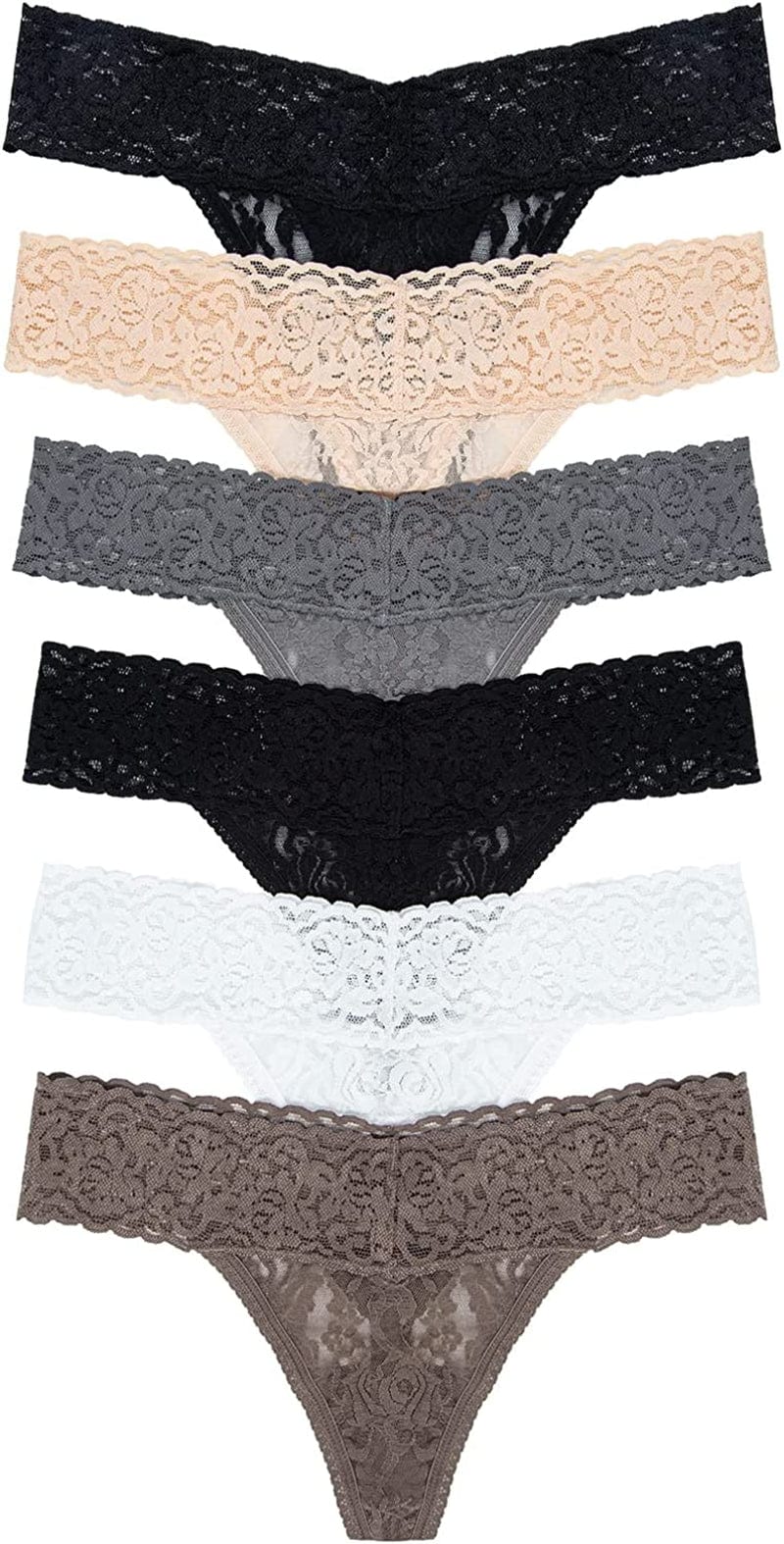 Felina Stretchy Lace Low Rise Thong - Sexy Underwear for Women, Thongs for Women, Seamless Panties for Women (6-Pack) Bare Essentials / Medium-Large