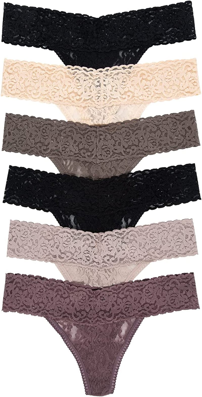 Felina Stretchy Lace Low Rise Thong - Sexy Underwear for Women, Thongs for Women, Seamless Panties for Women (6-Pack) Black Mink Neutrals / Medium-Large