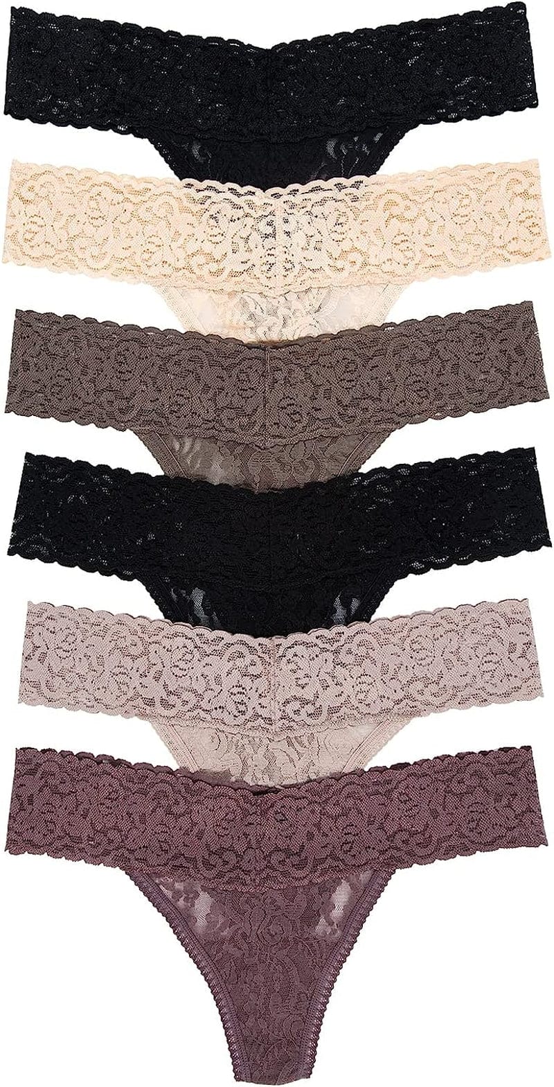 Felina Stretchy Lace Low Rise Thong - Sexy Underwear for Women, Thongs for Women, Seamless Panties for Women (6-Pack) Black Mink Neutrals / Large-X-Large